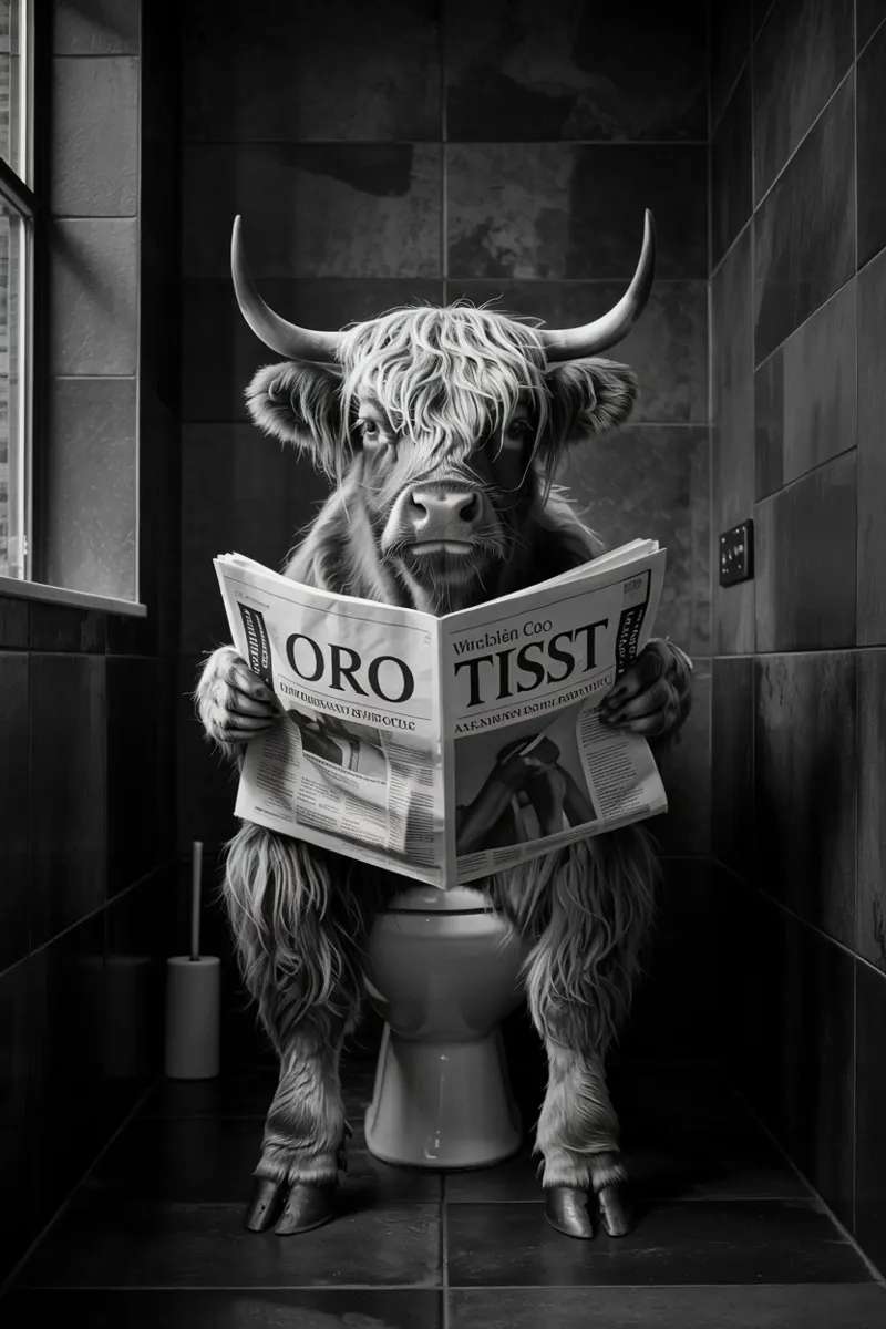 Mucca Highland seduta sul water che legge un giornale poster da Dale Edward YoungJr