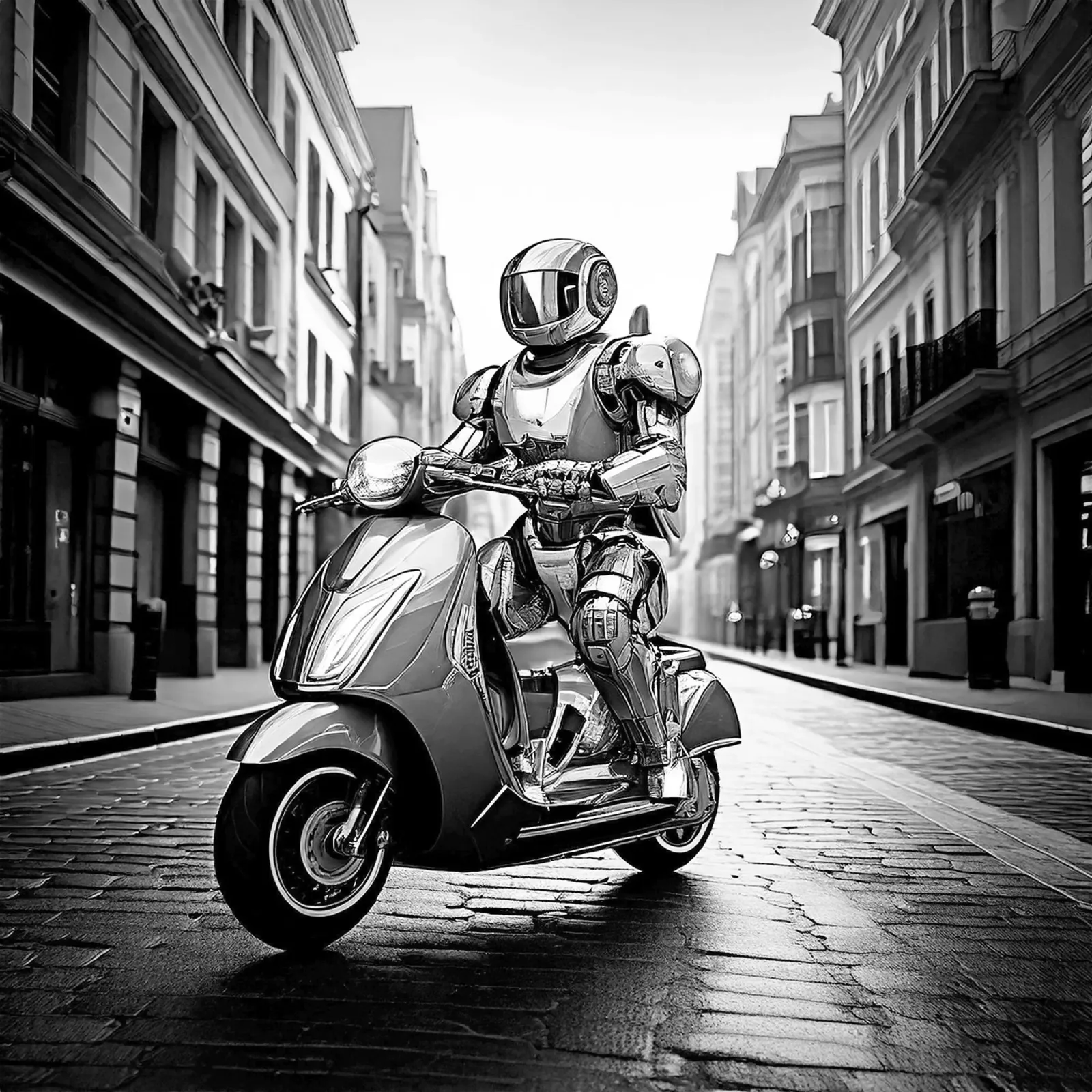 ROBOT EN SCOOTER. Noir et blanc. pellicola backlit da Thierry vobmann photography