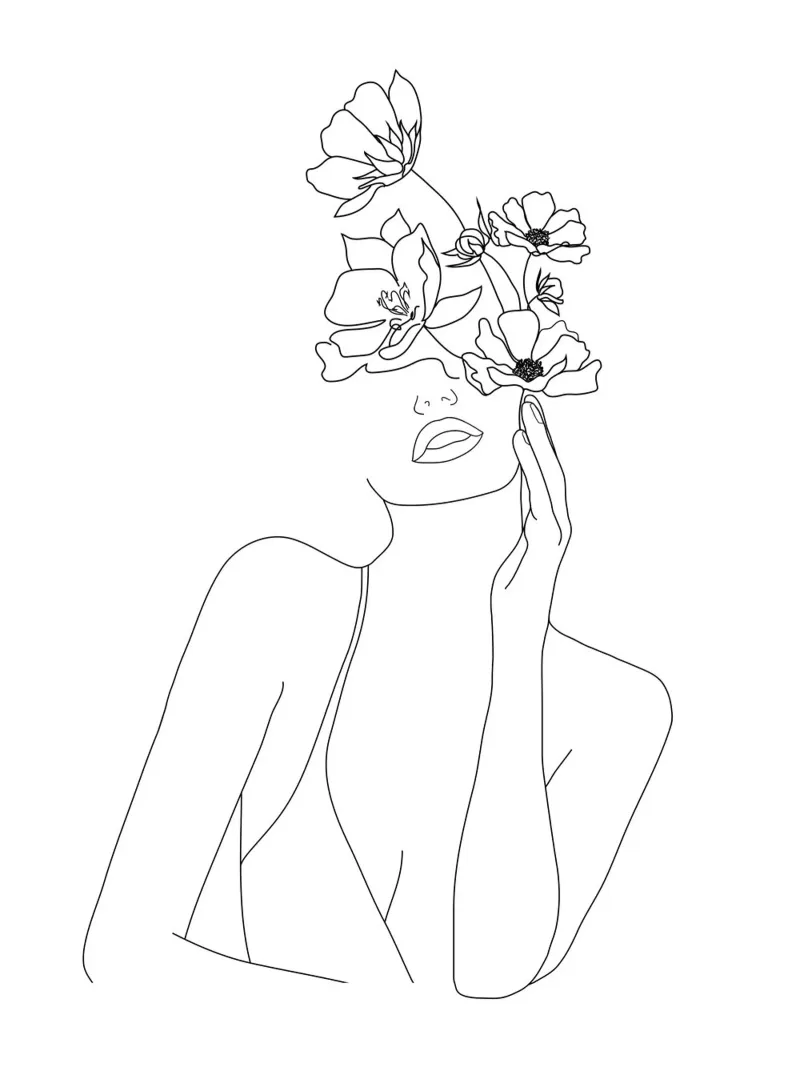 Minimal Line Art Woman with Flowers pannello forex da Nadjaa