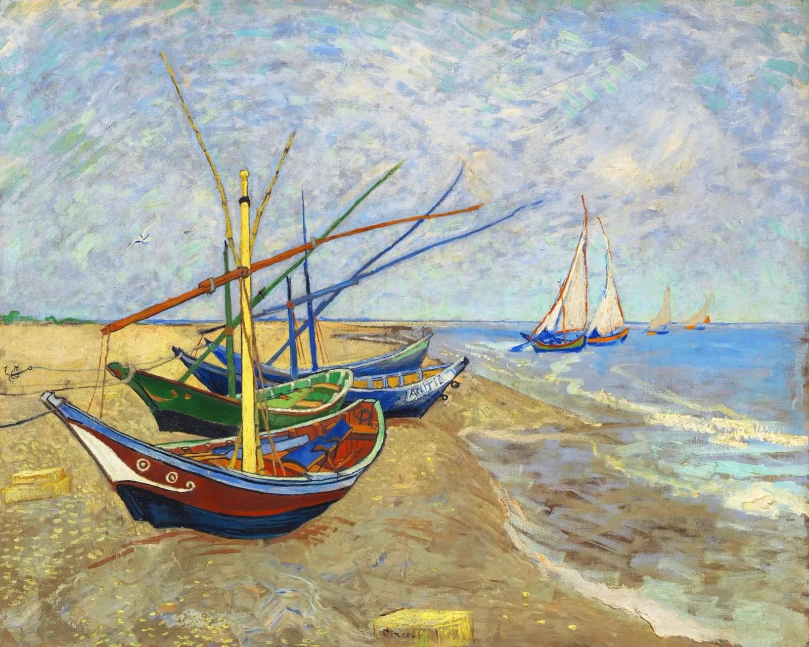 Le barche da pesca di Vincent van Gogh sulla spiaggia di Saintes-Mar poster da Van Gogh Prints