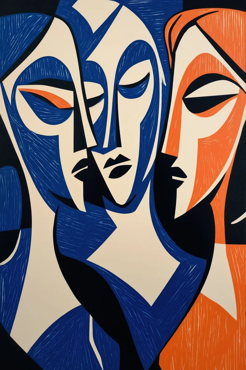 Serata femminile - xilografia cubista a colori tela da Autofocus