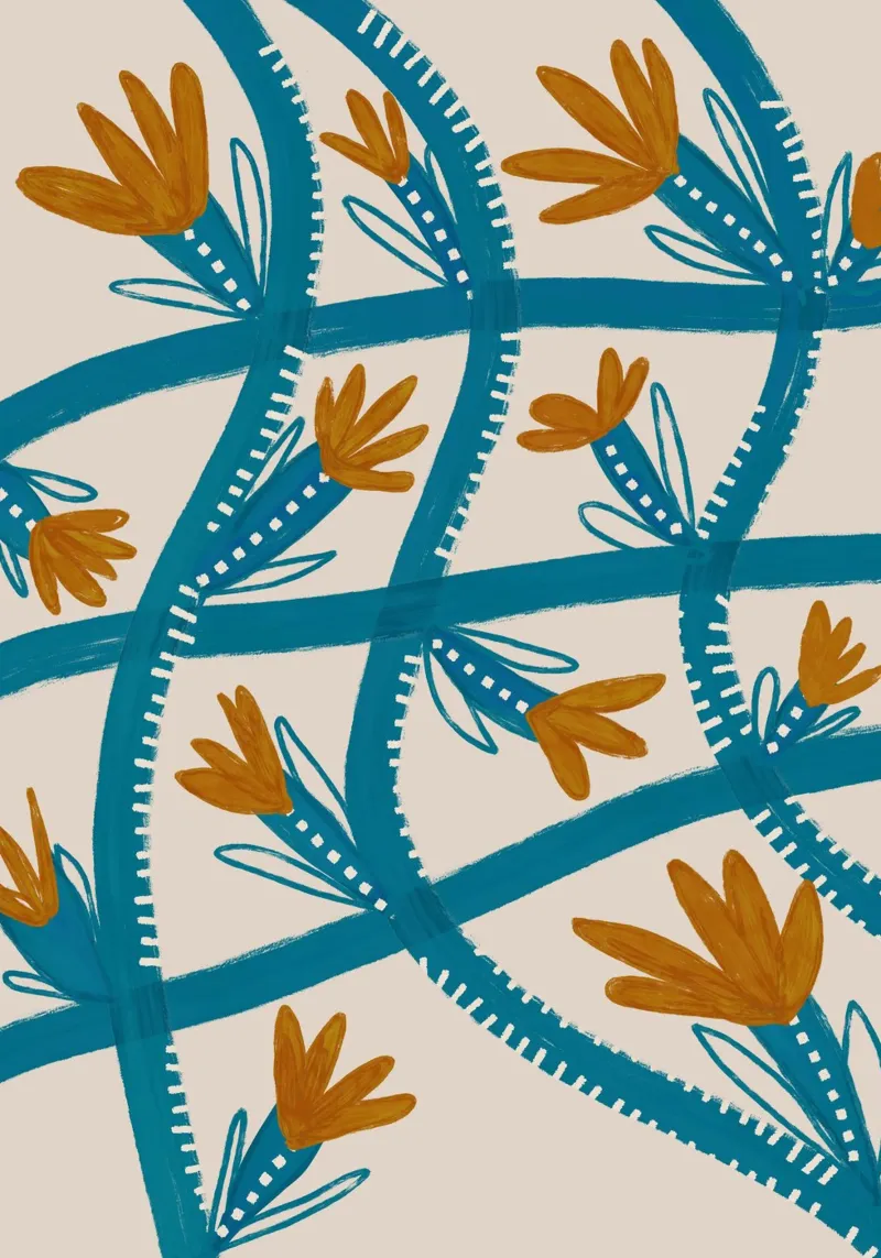 Modern Abstract Floral Pattern: Flowing Teal & Golden Flower hahnemühle by susanacosta