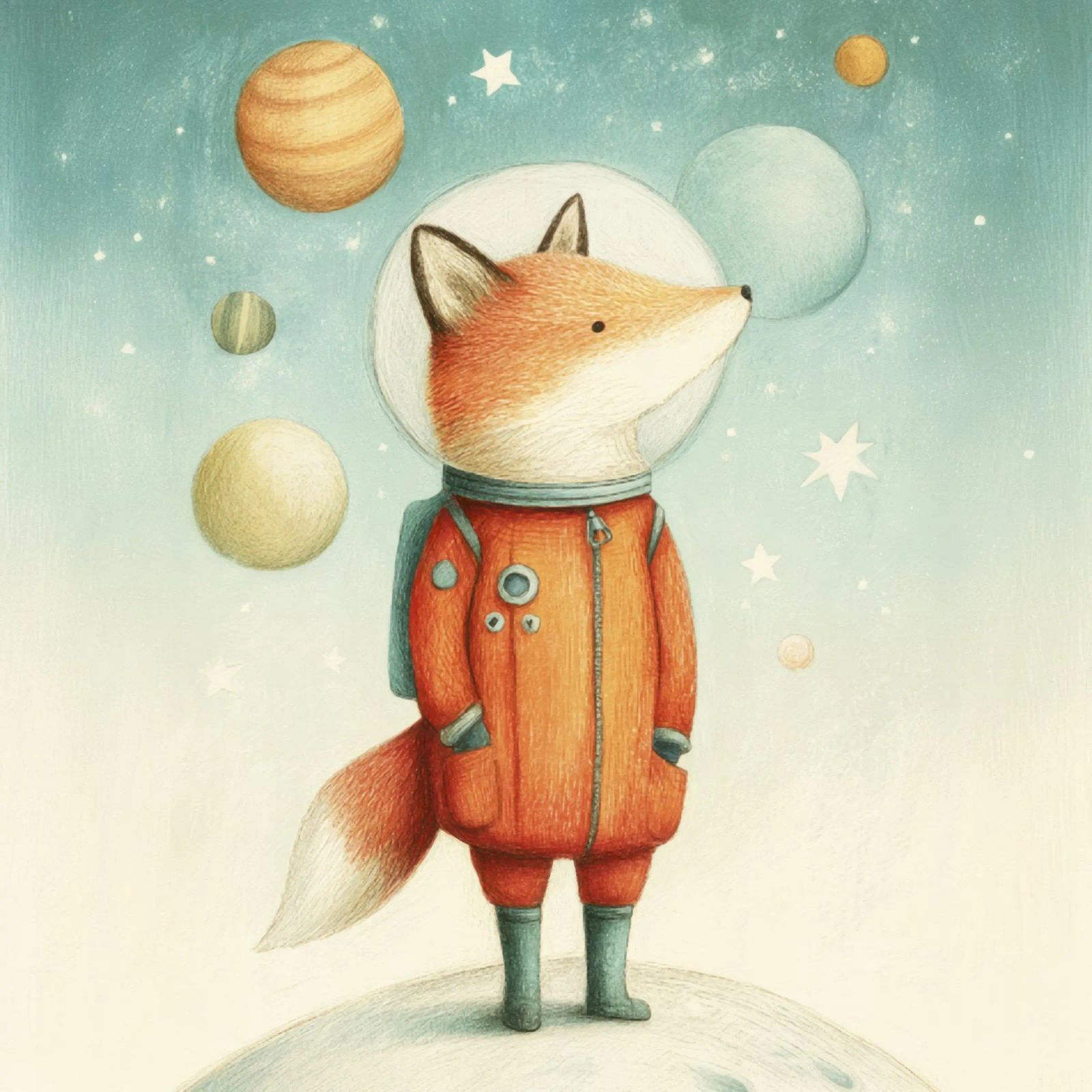 Volpe astronauta sulla Terra con la Luna - Stampa minimal per bambini poster da Modern Muse