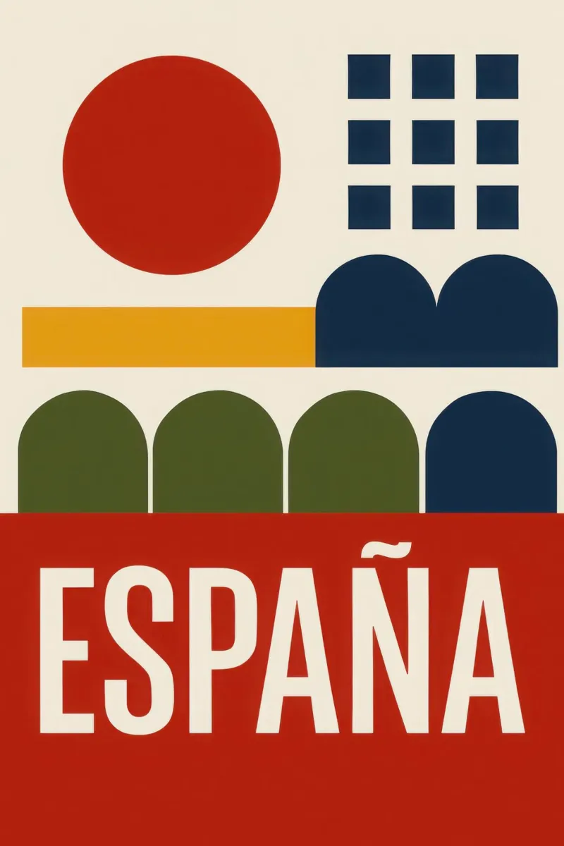 España - Il sole di un paese in rosso e oro poster con telaio in plastica da JETLAG | affiches voyage