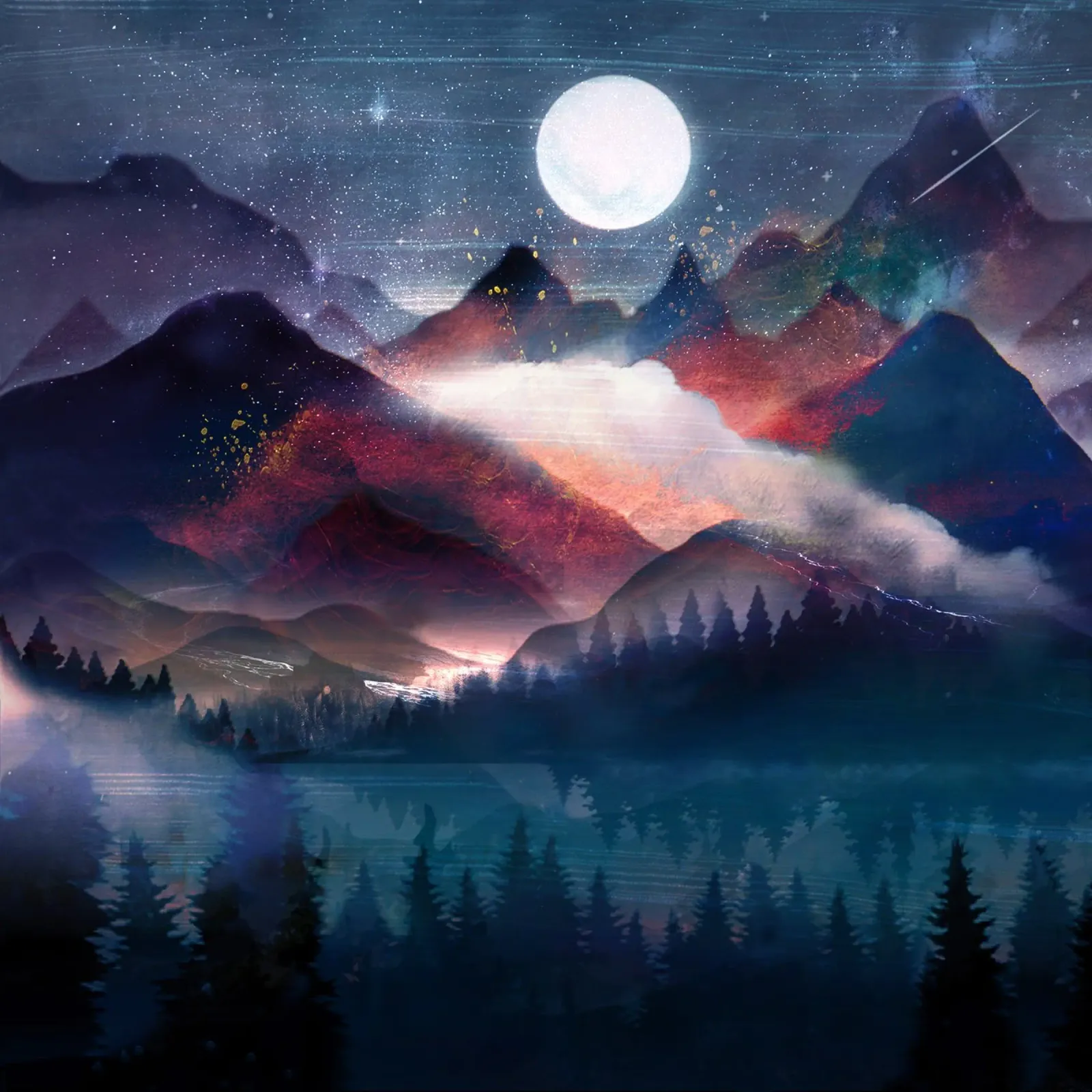 Mountain Lake Under the Stars poster con telaio in alluminio da Nadjaa