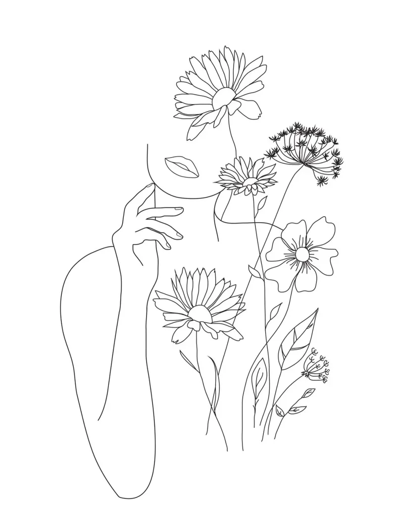 Minimal Line Art Woman with Flowers III poster con telaio in alluminio da Nadjaa