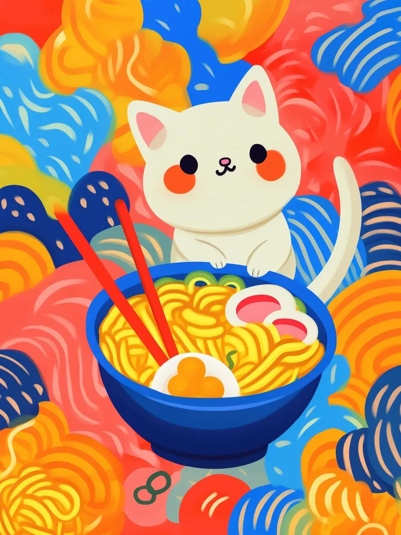 Divertente gatto asiatico colorato e fortunato con spaghetti di ramen poster con telaio in legno da Autofocus