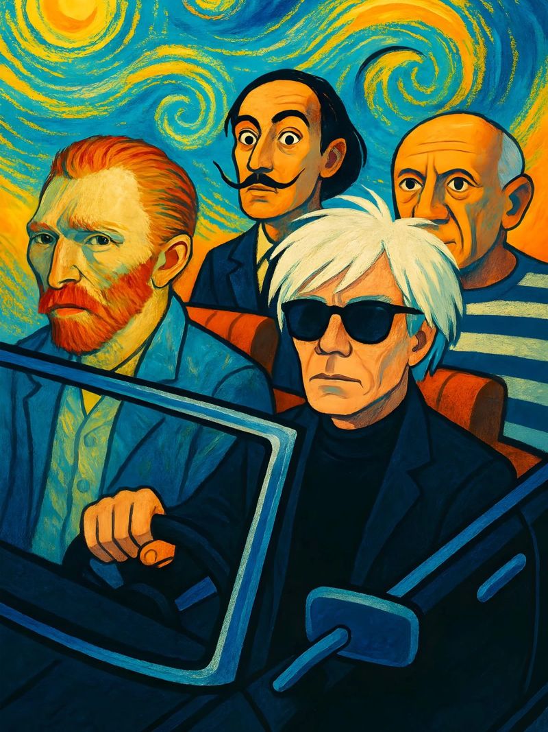 Picasso Vincent Van Gogh Andy Warhol Salvador Dali In Car poster by ARTOMATIC