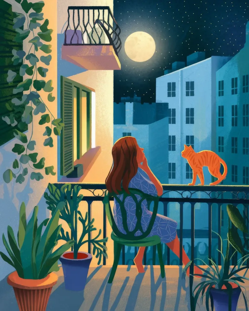 Ensueño en un balcón a la luz de la luna poster con marco de aluminio de Fine Sanctuary