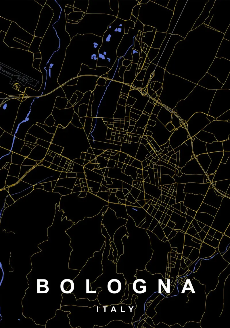 Mappa della città di Bologna in nero e oro alluminio dibond da Cartographers Library