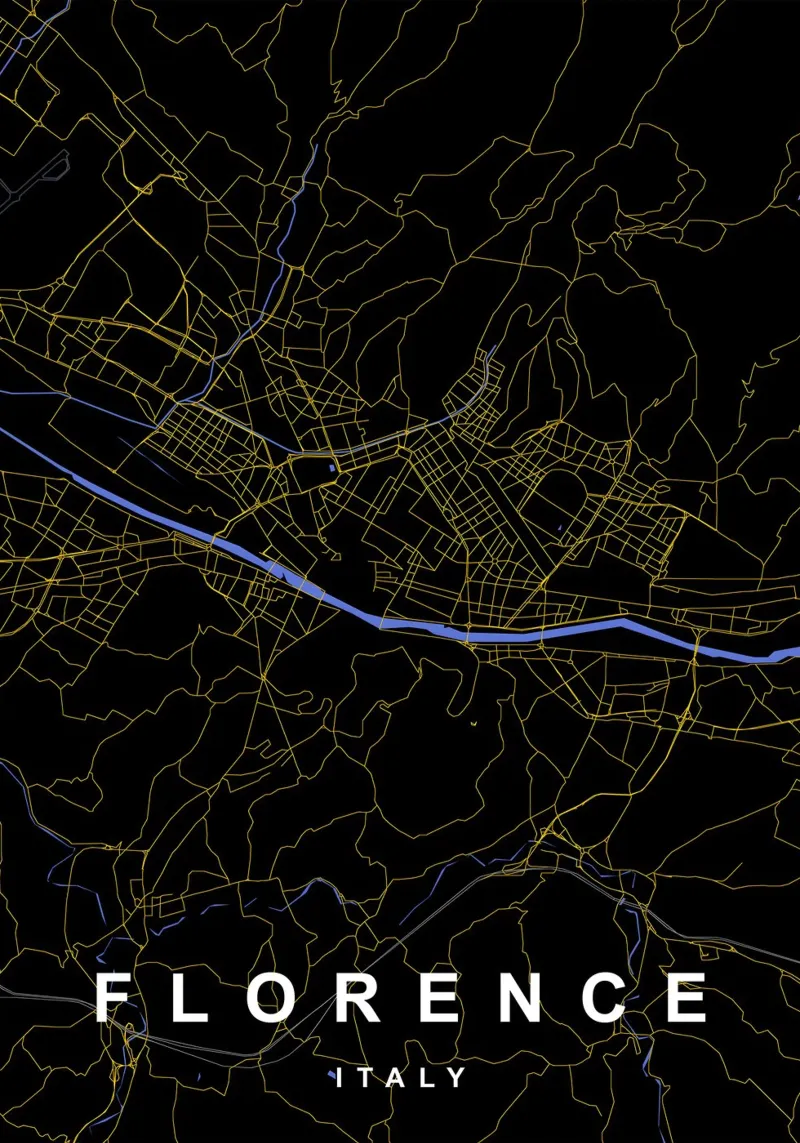 Mappa della città di Firenze in nero e oro alluminio dibond da Cartographers Library