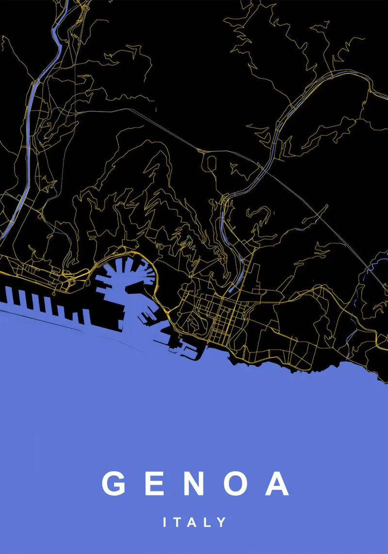 Mappa della città di Genova in nero e oro poster con telaio in legno da Cartographers Library