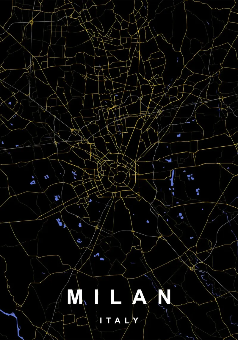 Mappa della città di Milano in nero e oro poster con telaio in legno da Cartographers Library