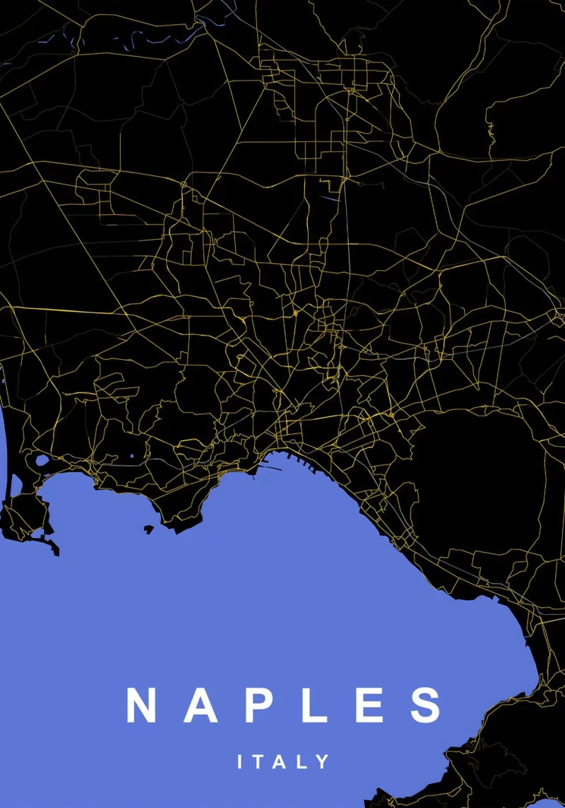 Mappa della città di Napoli in nero e oro pellicola backlit da Cartographers Library