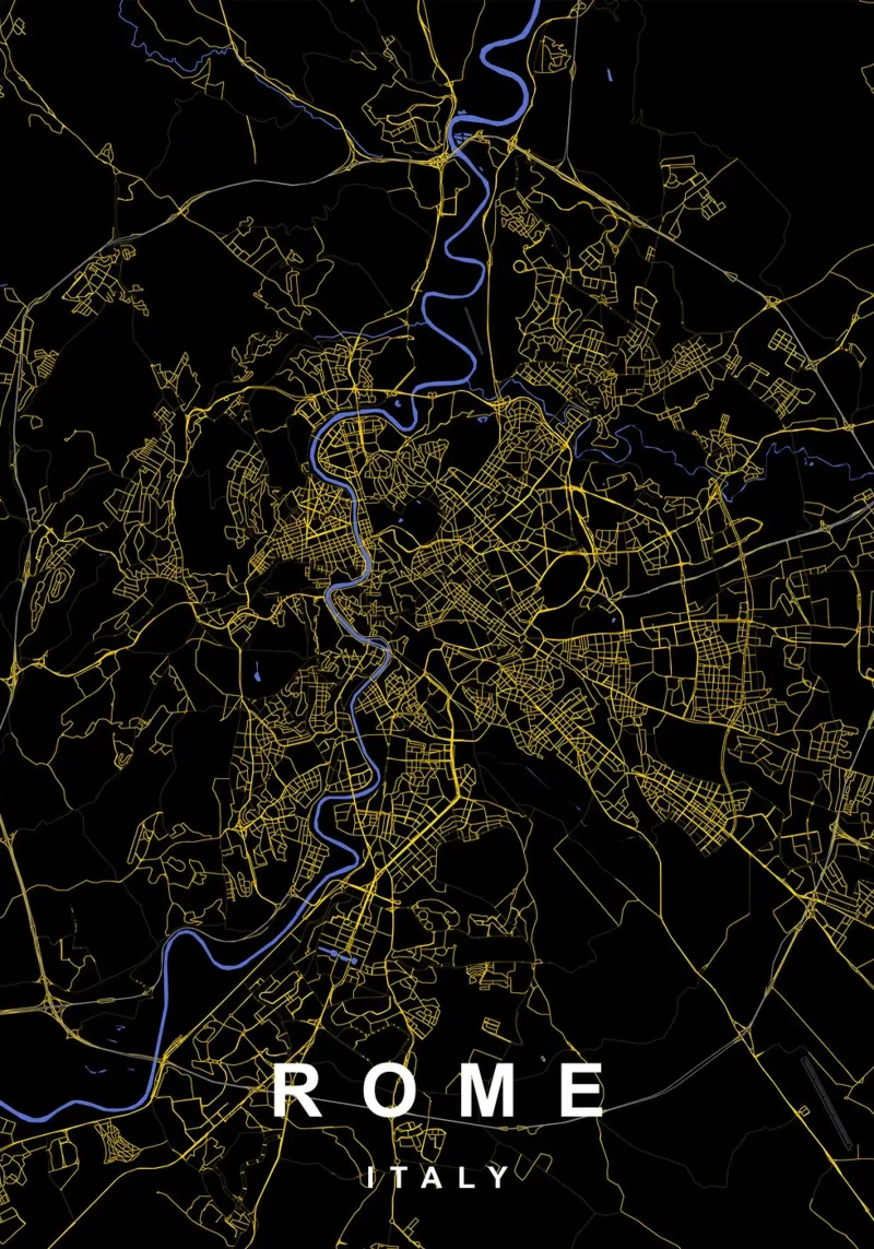Mappa della città di Roma in nero e oro alluminio dibond da Cartographers Library