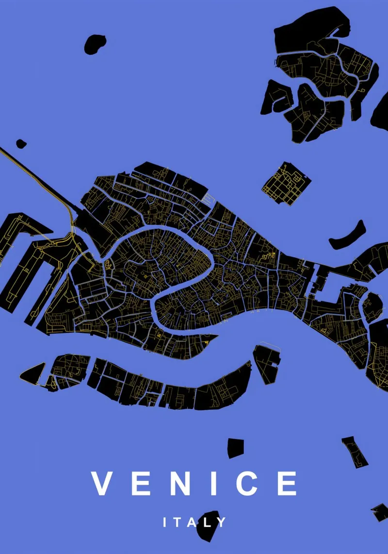 Mappa della città di Venezia in nero e oro poster con telaio in legno da Cartographers Library