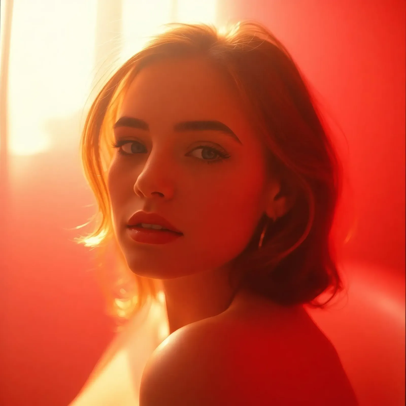 Portrait captivant d'une jeune femme baignant dans la lumière chaude du soleil hahnemühle de DesignDoodle