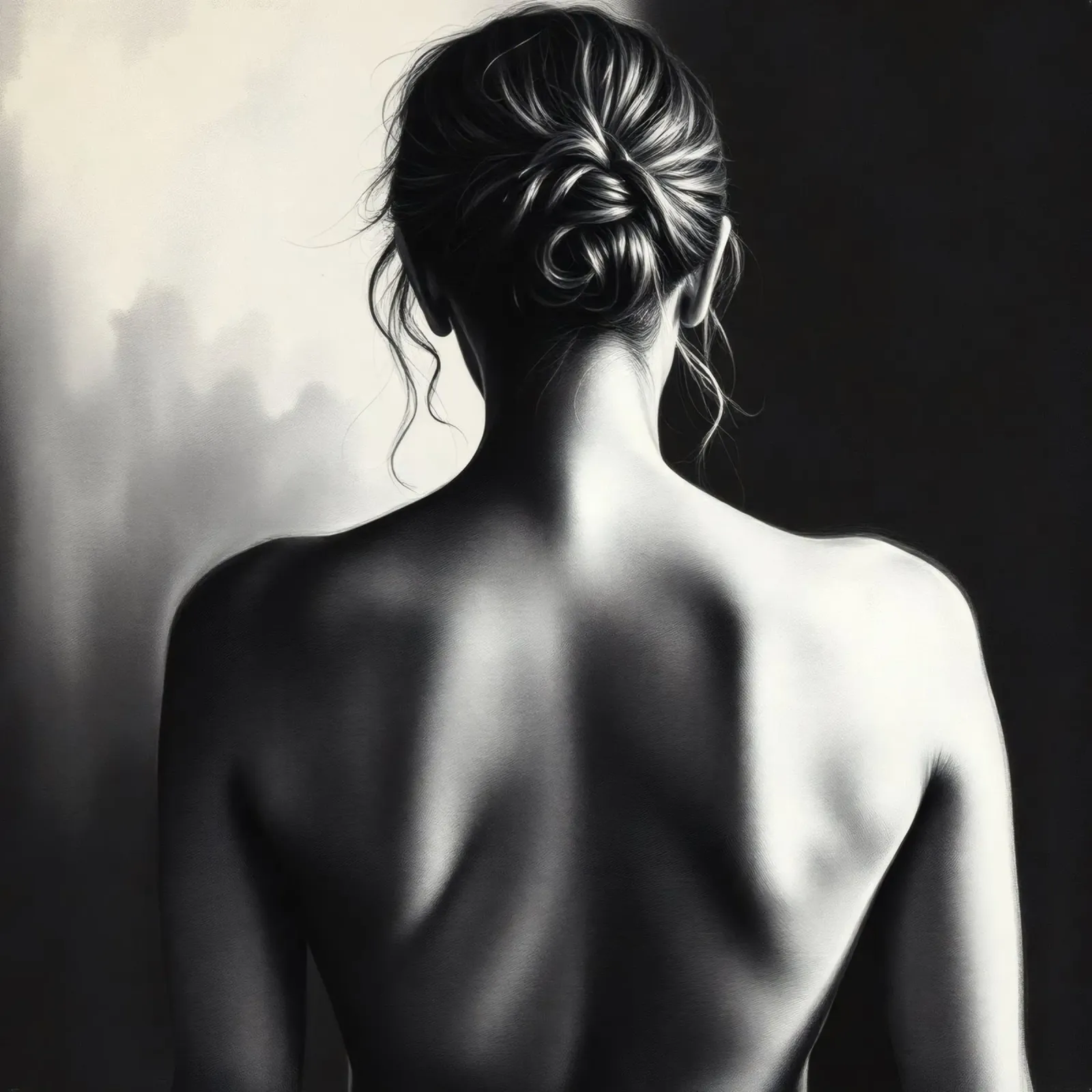 Ritratto di schiena di donna in scala di grigi che enfatizza le forme pellicola backlit da DesignDoodle