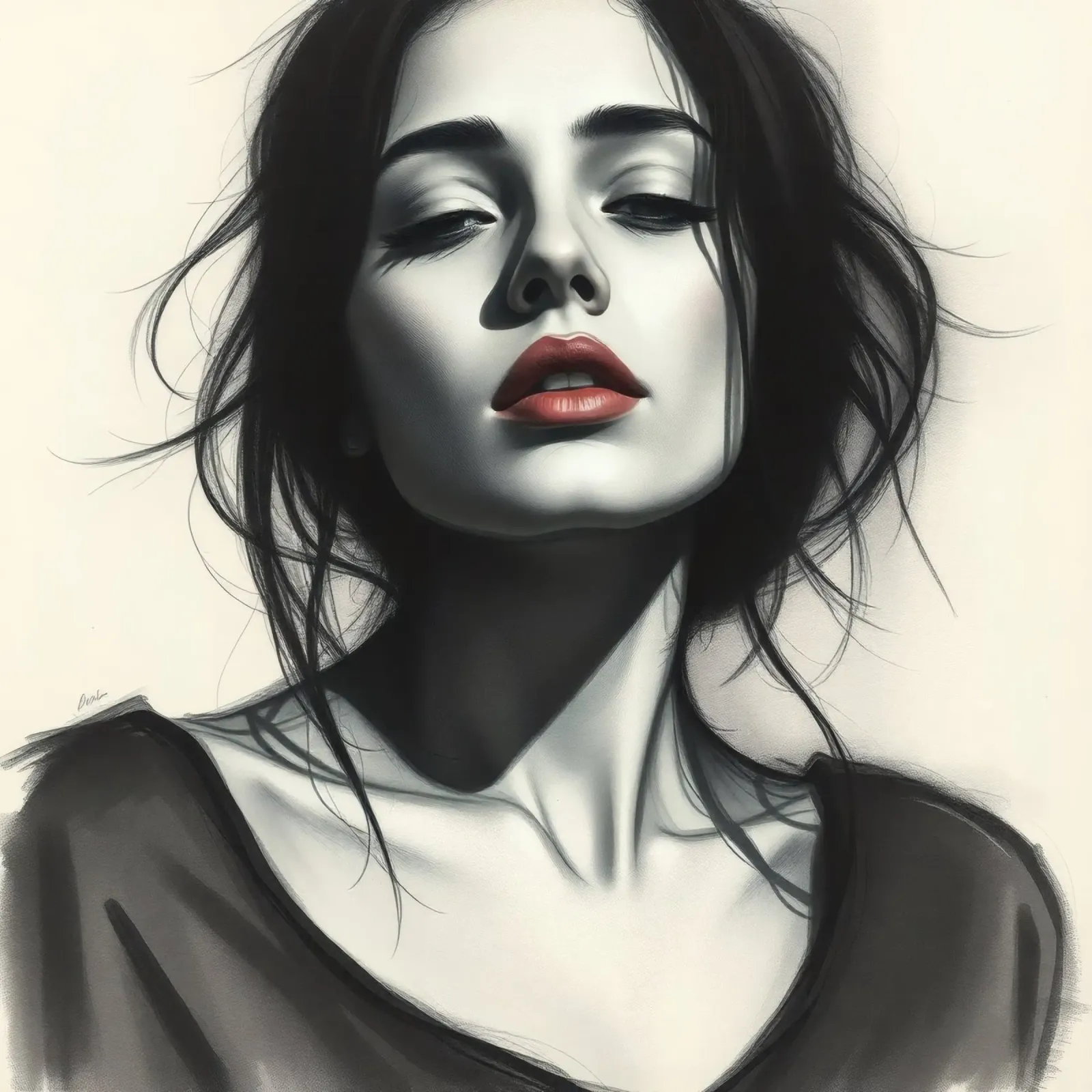 Elegante ritratto di donna dai capelli scuri e dal viso imponente poster con telaio in legno da DesignDoodle