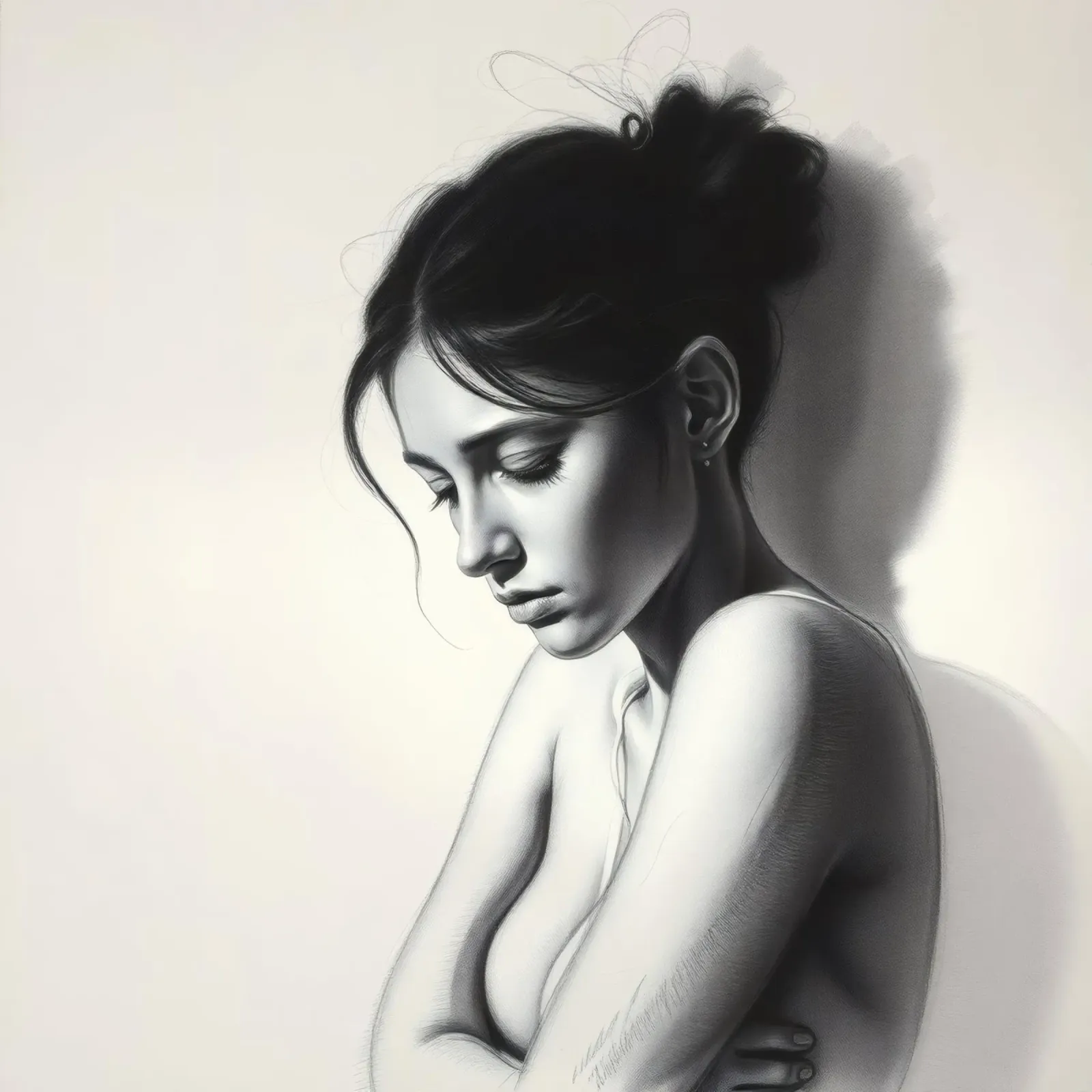 Donna in posa riflessiva con ombre sottili e luce morbida pellicola backlit da DesignDoodle