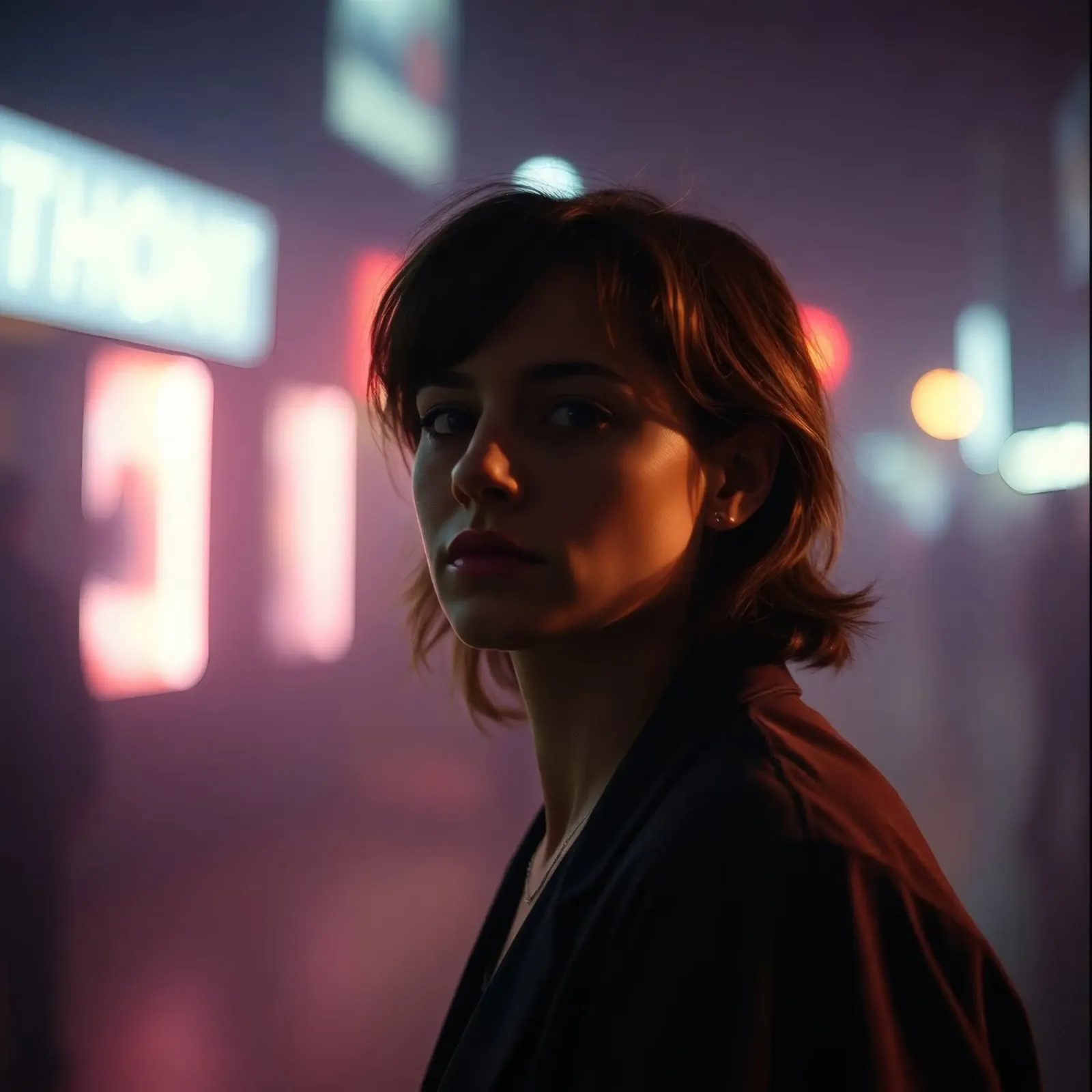 donna in ambiente urbano con luci al neon di notte pellicola backlit da DesignDoodle