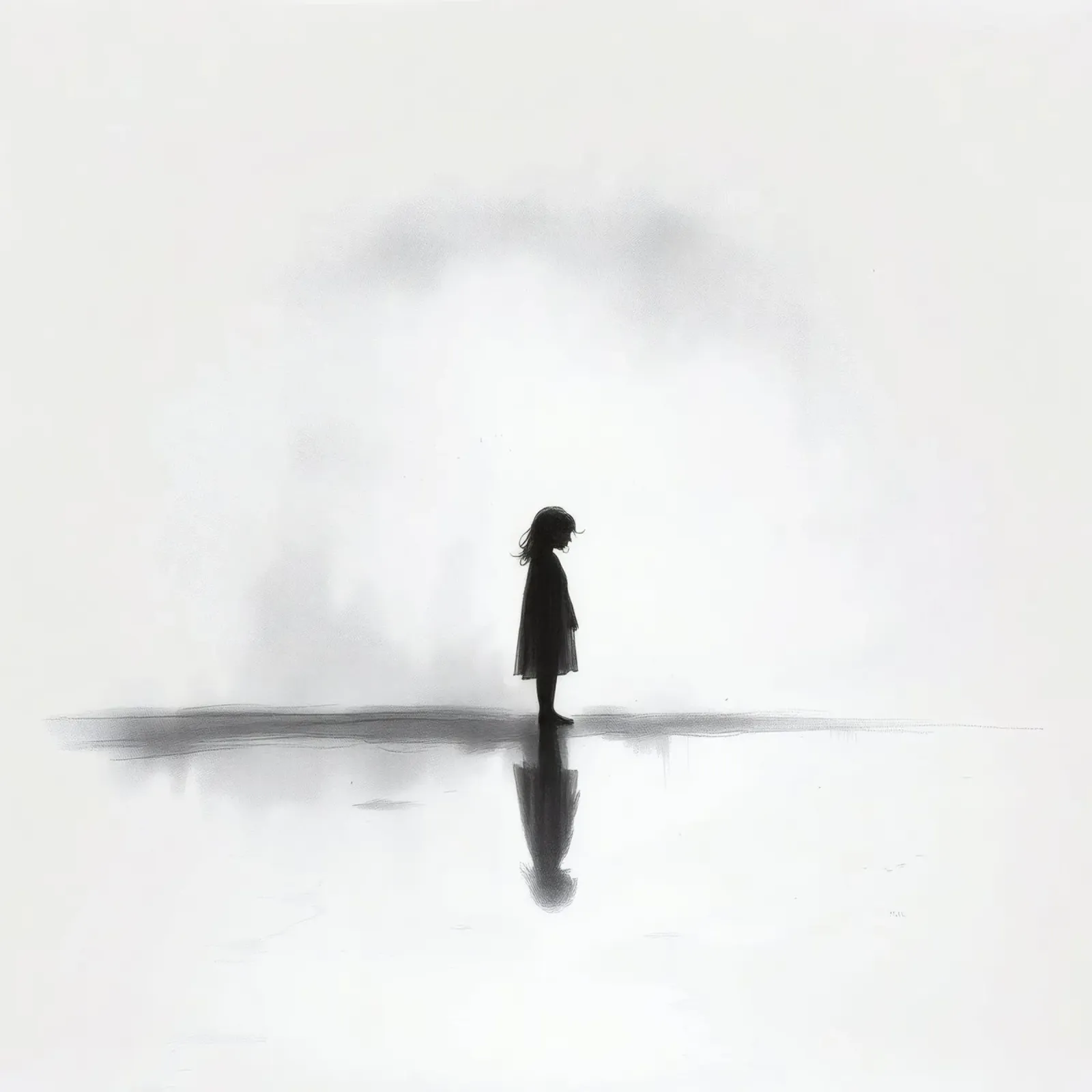 Ragazza in piedi da sola in silhouette su uno sfondo nebbioso pellicola backlit da DesignDoodle