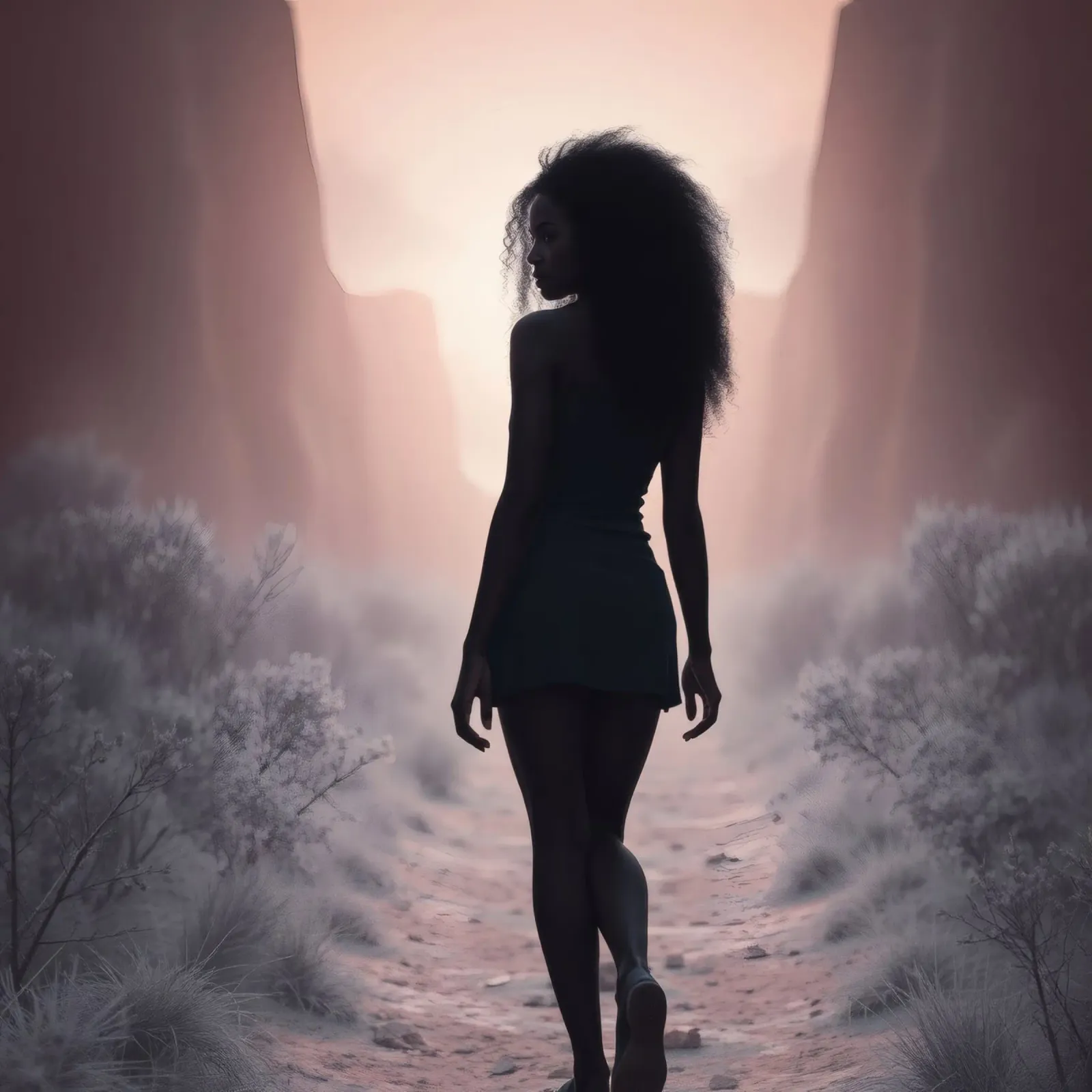 Donna cammina attraverso uno stretto canyon al crepuscolo pellicola backlit da DesignDoodle