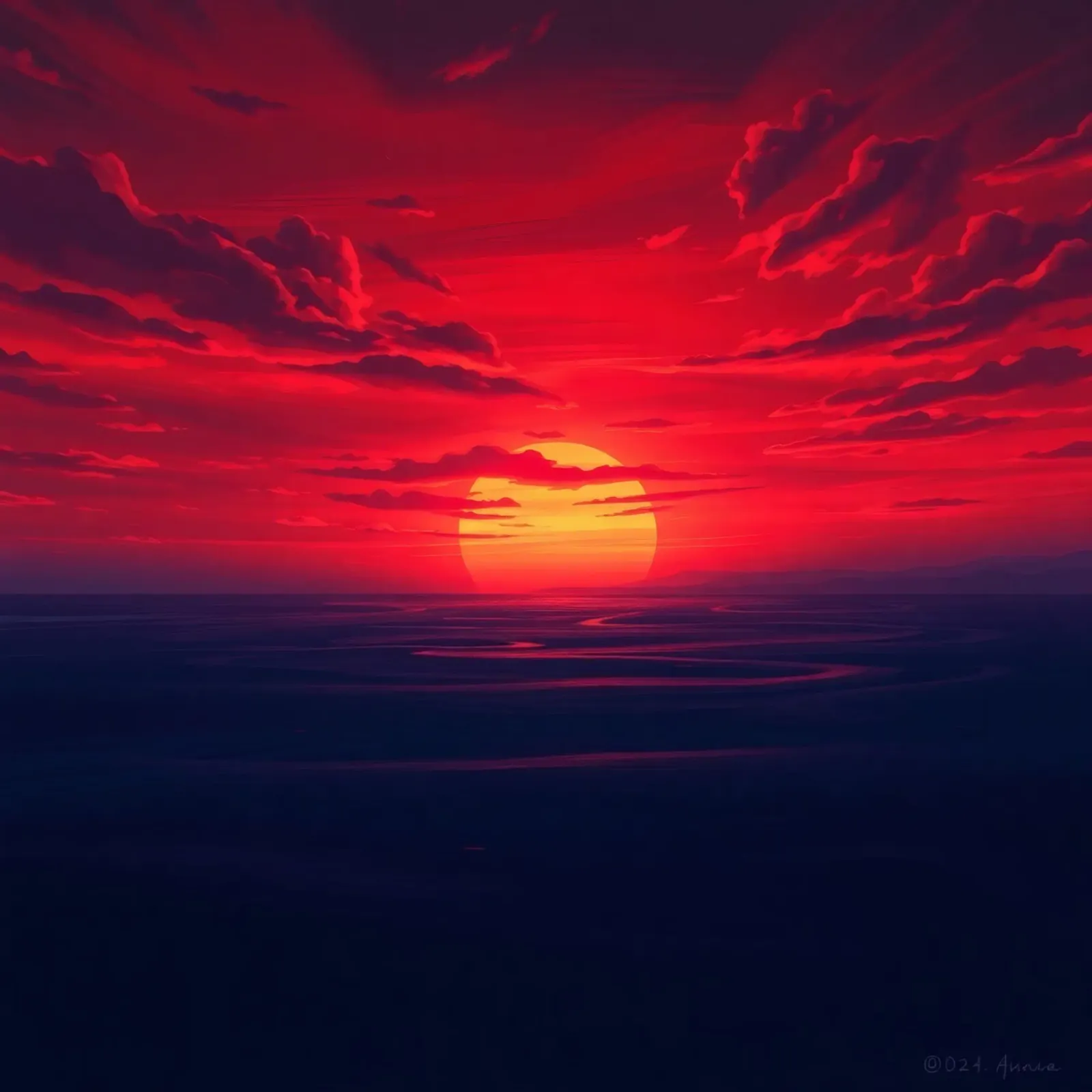 Tramonto vibrante sull'oceano con nuvole drammatiche alluminio dibond da DesignDoodle