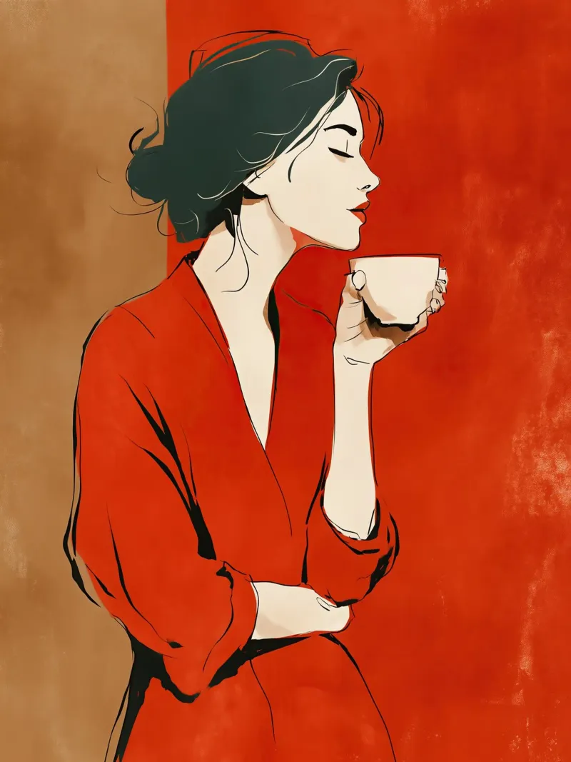 Donna mindful al suo primo caffè mattutino pellicola backlit da Autofocus