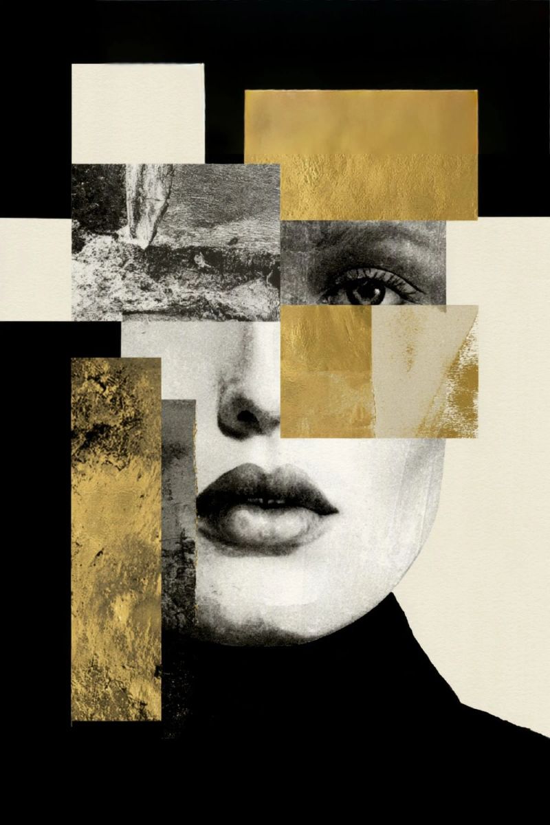 Fragmentiertes Frauenporträt mit Goldcollage-Akzenten Leinwand von Modern Muse