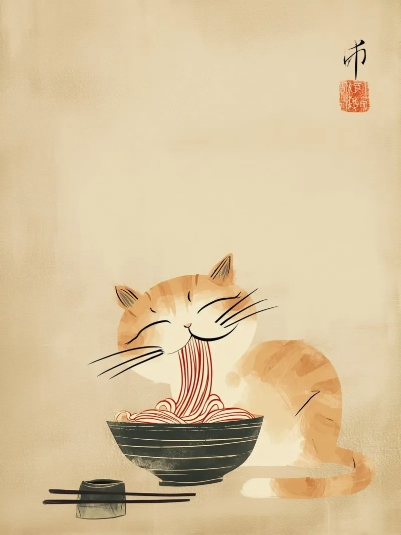 Gatto zen giapponese con tagliatelle di ramen poster con telaio in alluminio da Autofocus