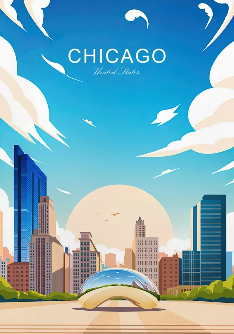 Chicago traditionele reisafdruk - Verenigde Staten poster met aluminium frame van Liliestudio