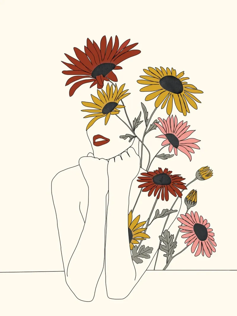 Colorful Thoughts Minimal Line Girl with Sunflowers poster con telaio in plastica da Nadjaa