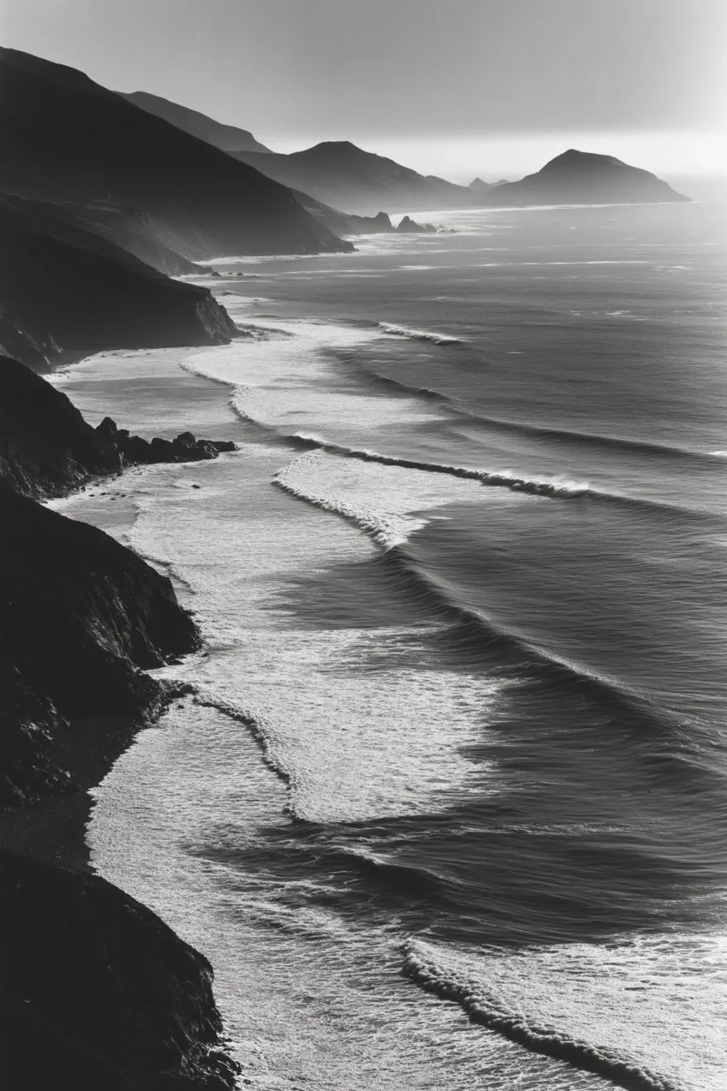 Paesaggio costiero in bianco e nero poster da Indigo Tides Art