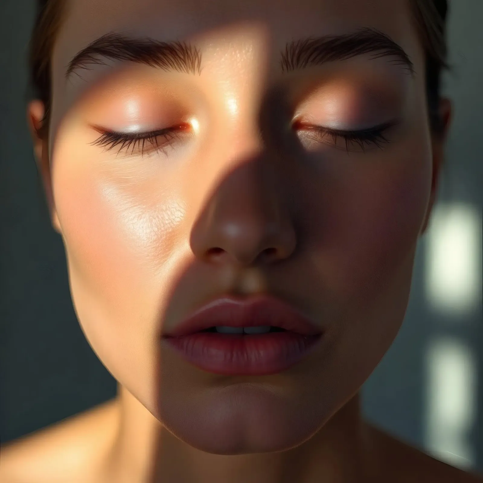 Soft light creating delicate shadows on a serene face canvas by DesignDoodle