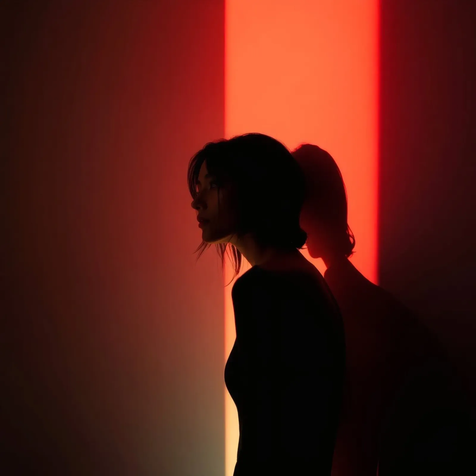 Silhouette d'une femme dans une lumière tamisée sur fond coloré hahnemühle de DesignDoodle