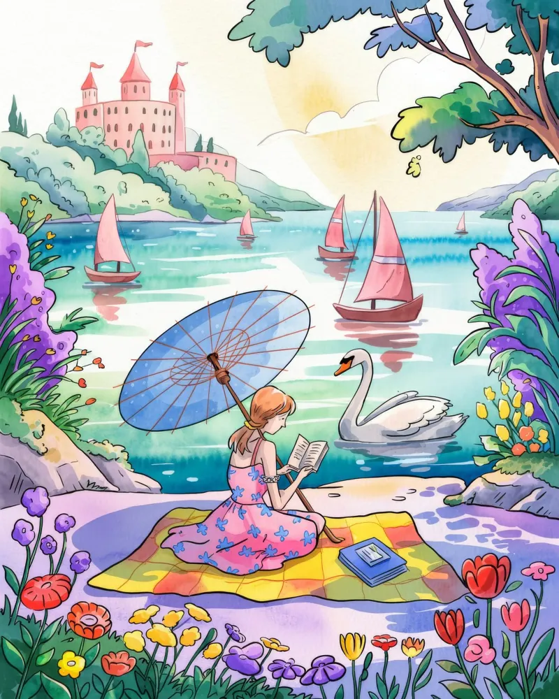 Tranquil Lakeside Picnic poster con telaio in legno da Murni Strokes