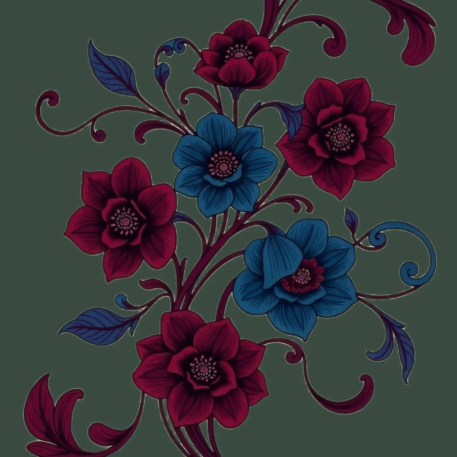 disegno floreale con fiori blu e rossi poster con telaio in legno da DesignDoodle