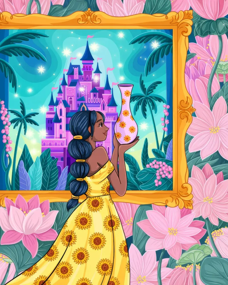 Vue du château enchanté poster avec cadre en plastique de Murni Strokes