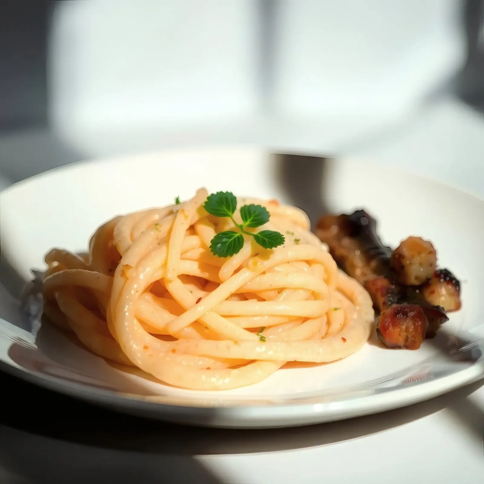 Deliziosa pasta cremosa servita su un piatto con verdure grigliate pellicola backlit da DesignDoodle