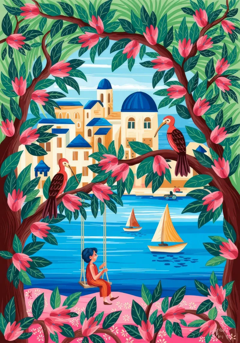 Mediterranean Dreamscape canvas with Floater frame by Murni Strokes