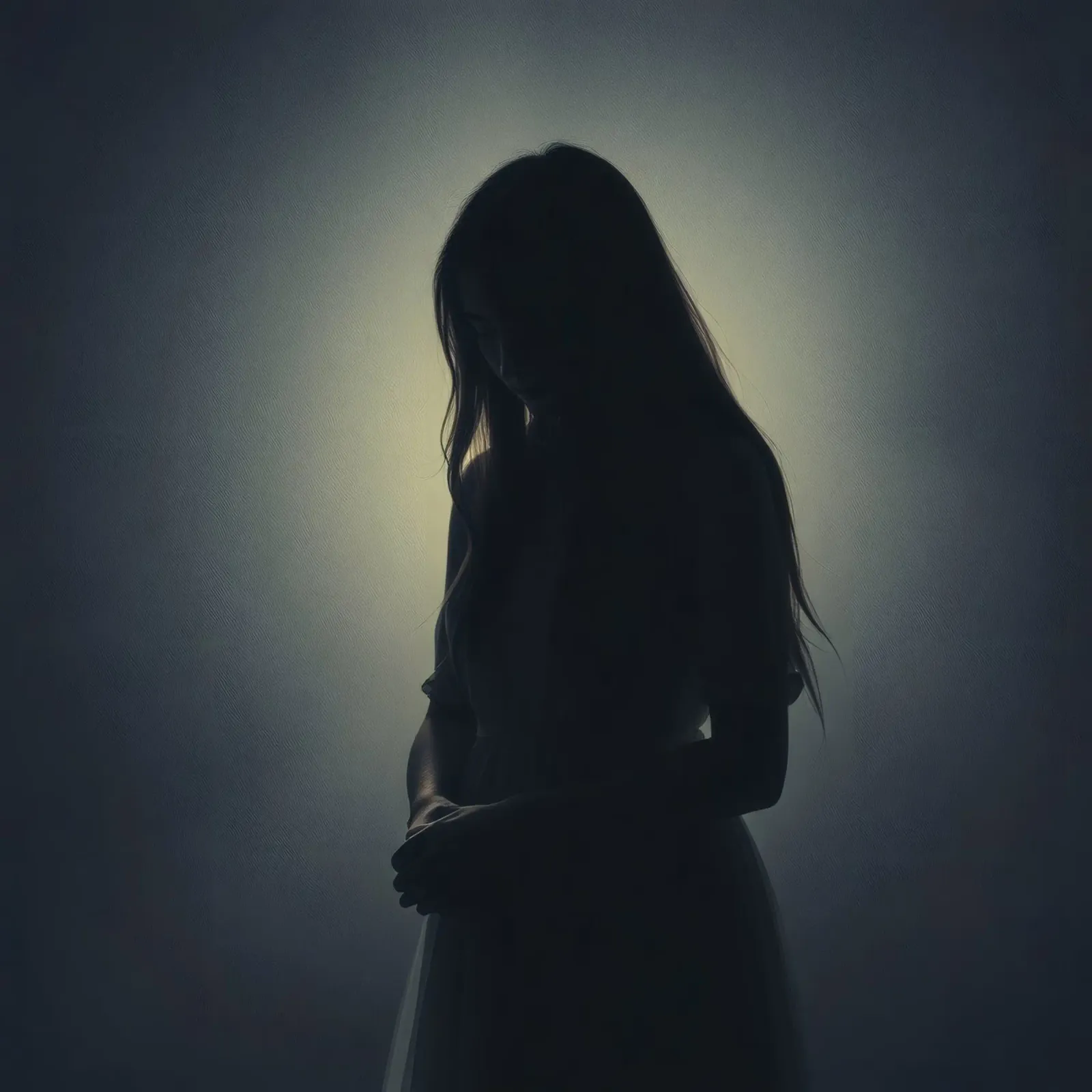 Silhouette di una donna con i capelli lunghi in un'atmosfera di luce soffusa. pellicola backlit da DesignDoodle