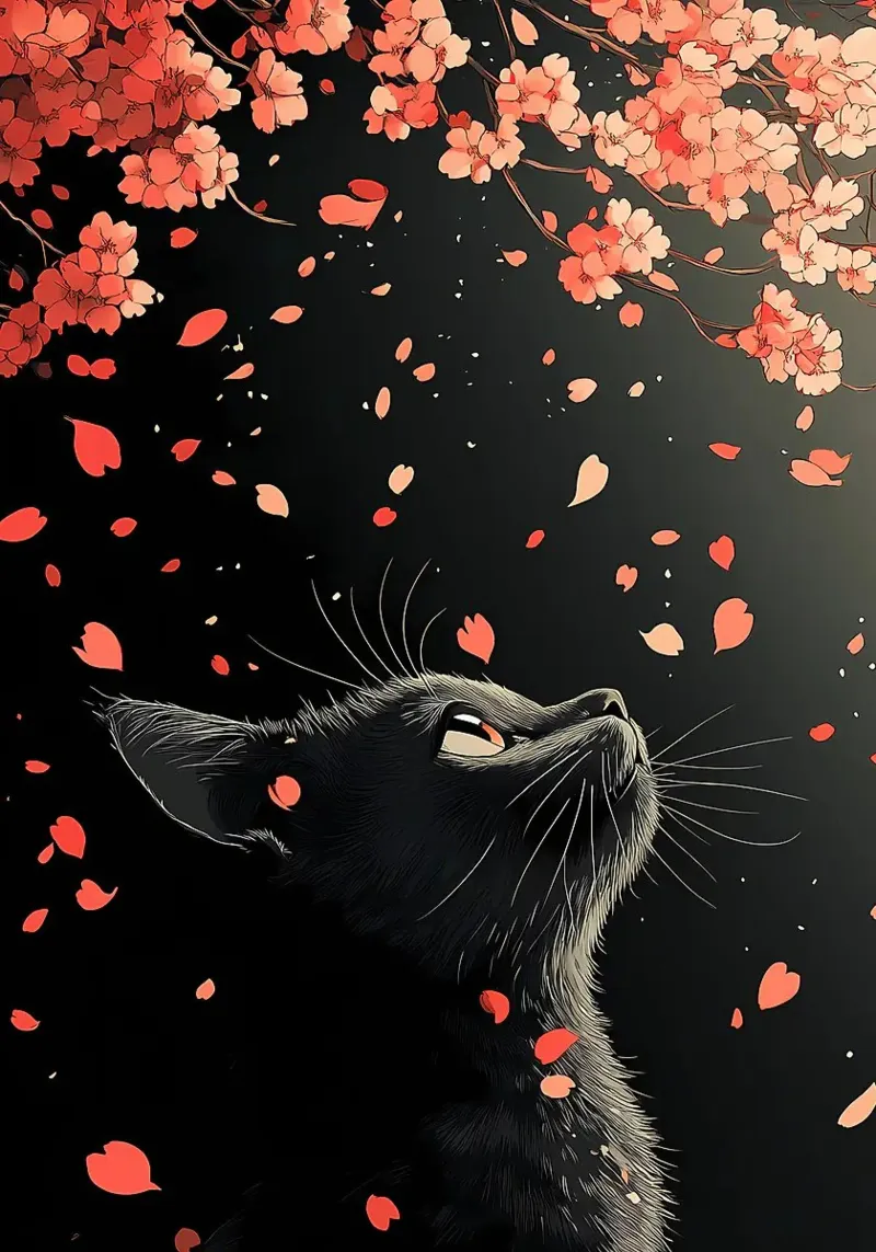 gatto nero in fiore di ciliegio pellicola backlit da Margaret Marie Ostrout