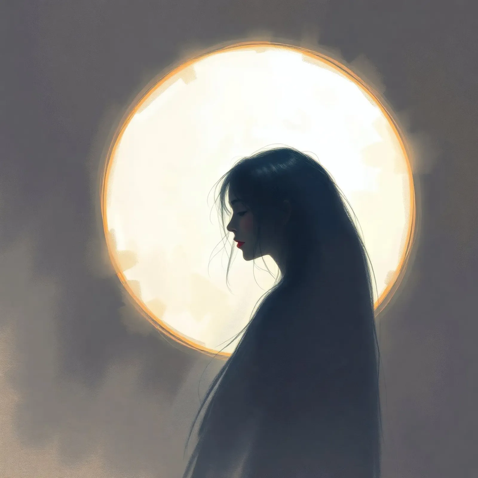 Silhouette di una donna con i capelli lunghi con la luna piena pellicola backlit da DesignDoodle