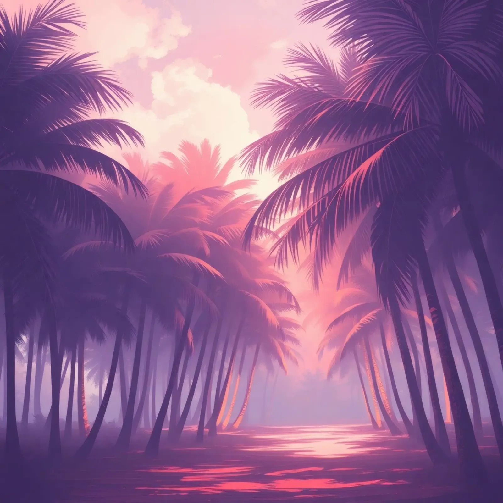 Sonnenuntergang Blick auf Palmen entlang ruhigen Wasser in der Abenddämmerung Leinwand von DesignDoodle