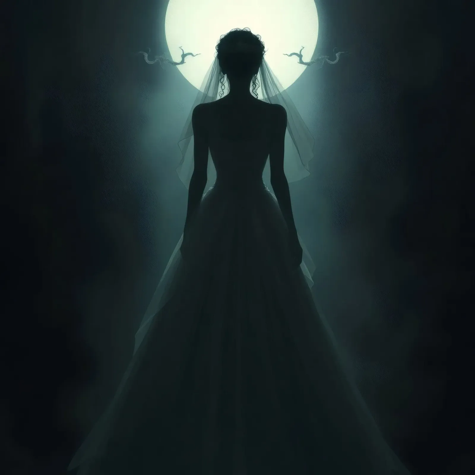 silhouette of a bride illuminated by a full moon hahnemühle by DesignDoodle