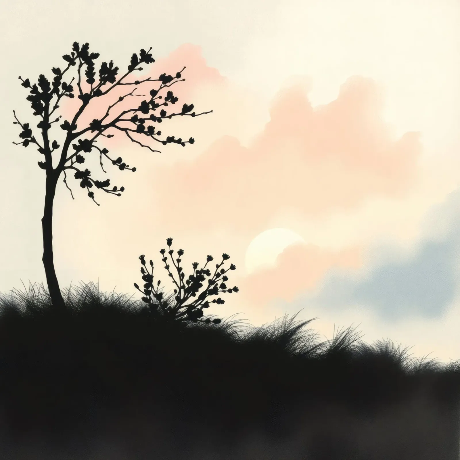 Alberi e arbusti in silhouette sotto un cielo pastello pellicola backlit da DesignDoodle