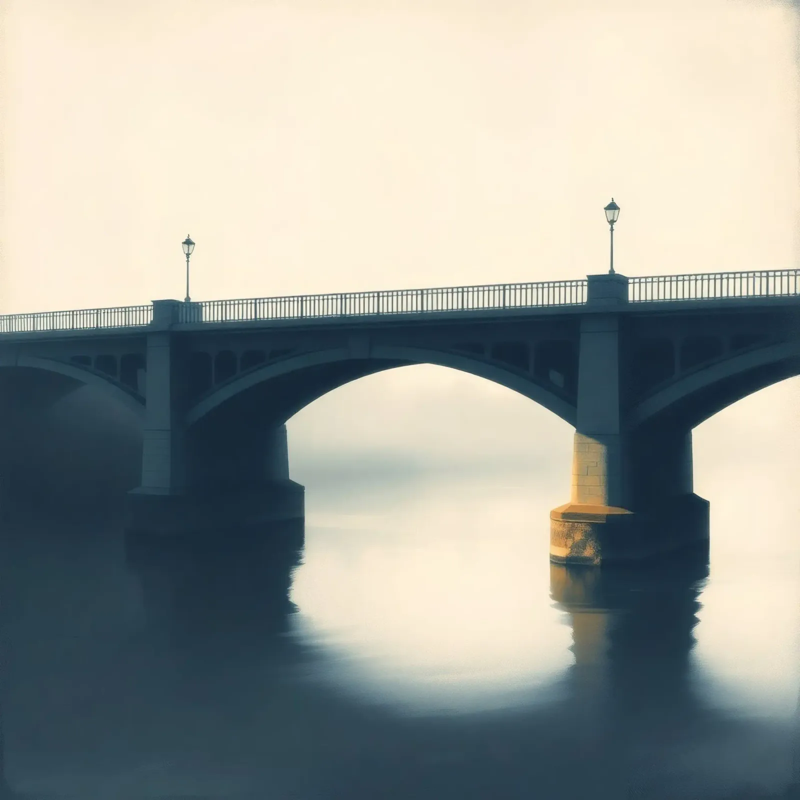 Bridge shrouded in fog reflecting on still waters at dawn canvas with Floater frame by DesignDoodle