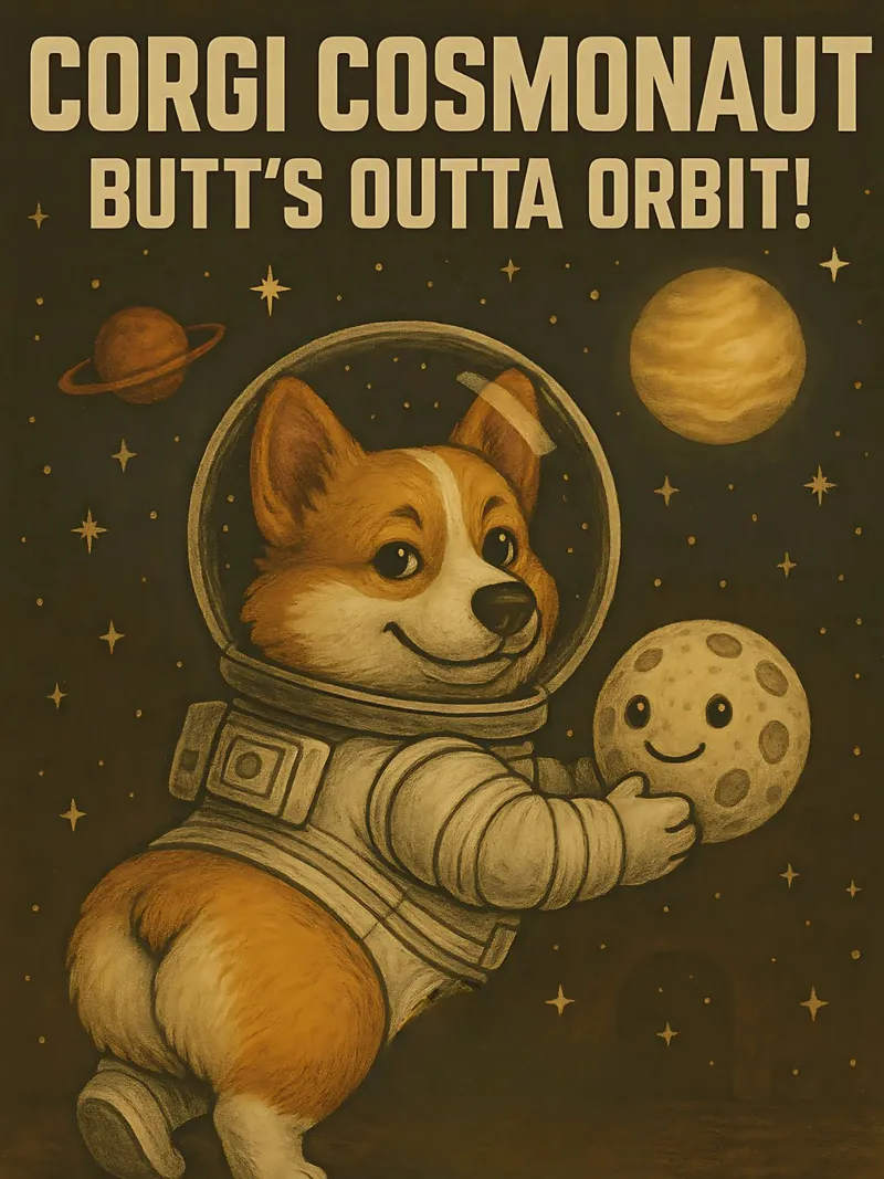 Divertente il meme del cosmonauta Corgi poster con telaio in legno da Funny Humor Art
