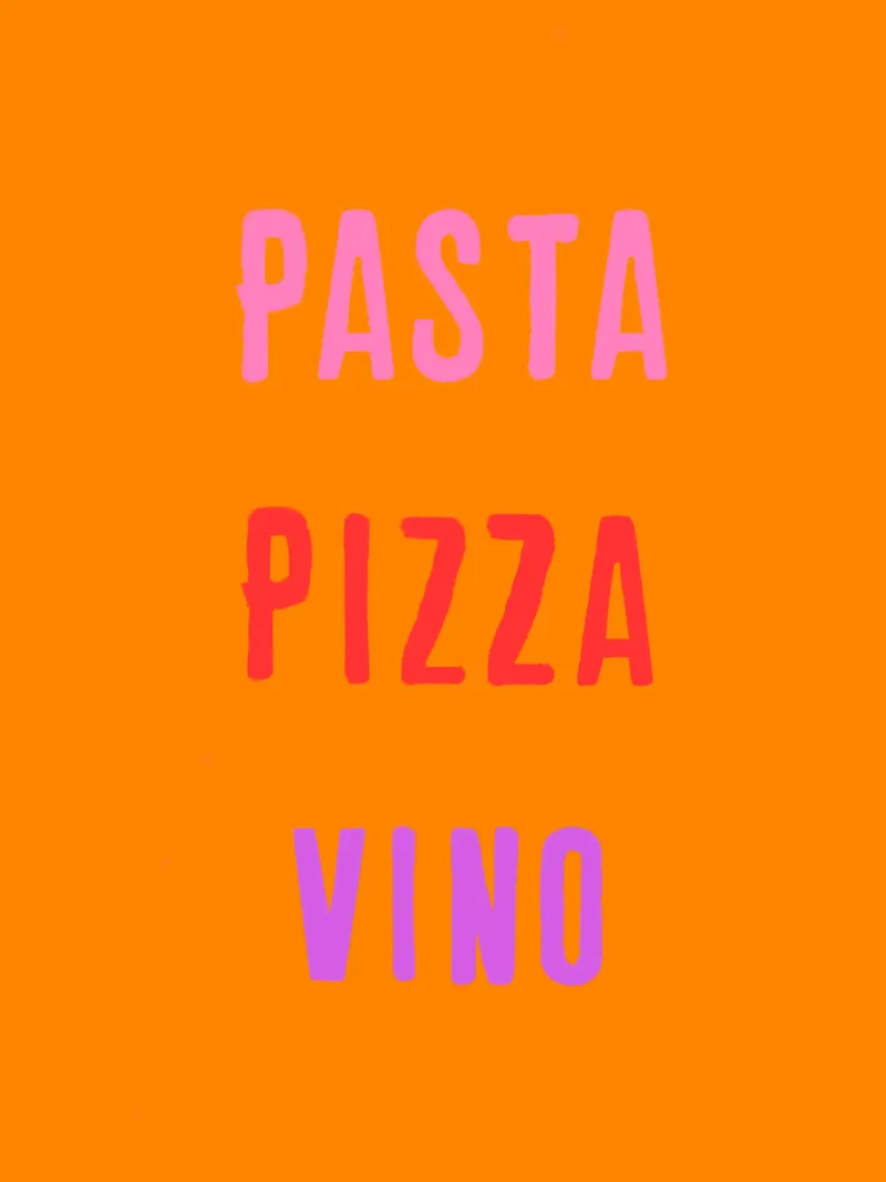 PASTA PIZZA & VINO Rosa Rosso Viola Su Arancione poster con telaio in legno da Alisa Knöß
